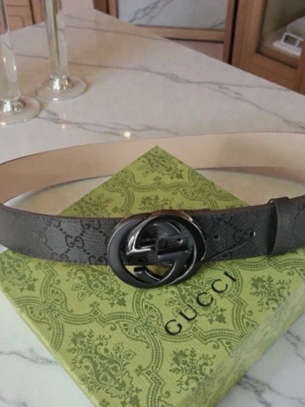 GUCCI IMPRIME LEATHER BLACK BELT WITH INTERLOCKING GG LOGO AD BUCKLE, 36" Waist